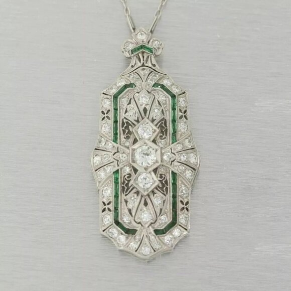 Roaring 20's Art Deco Reto Sterling Silver Lab Created Diamond & Emerald Pendant - Picture 12 of 13